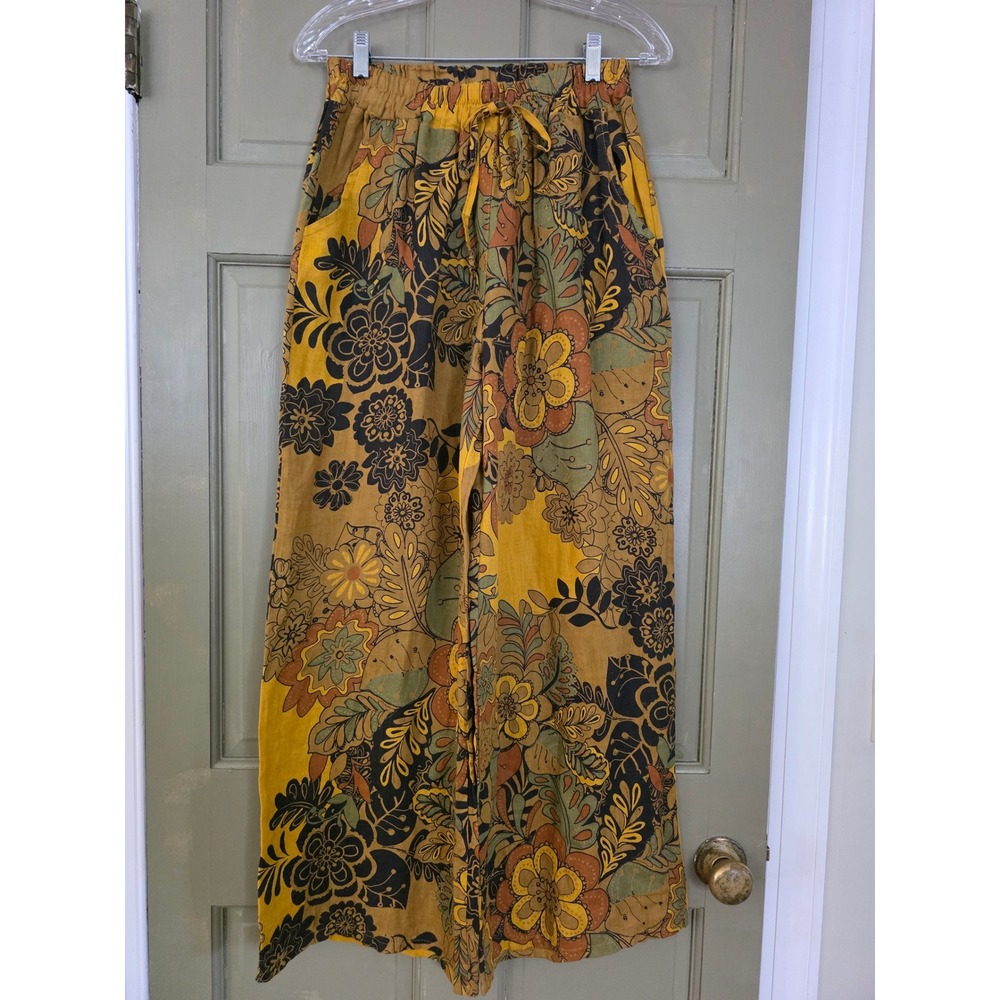 Cento Uno Italy Floral Wide Leg Pants Mustard Yellow Boho Drawstring S/M NEW